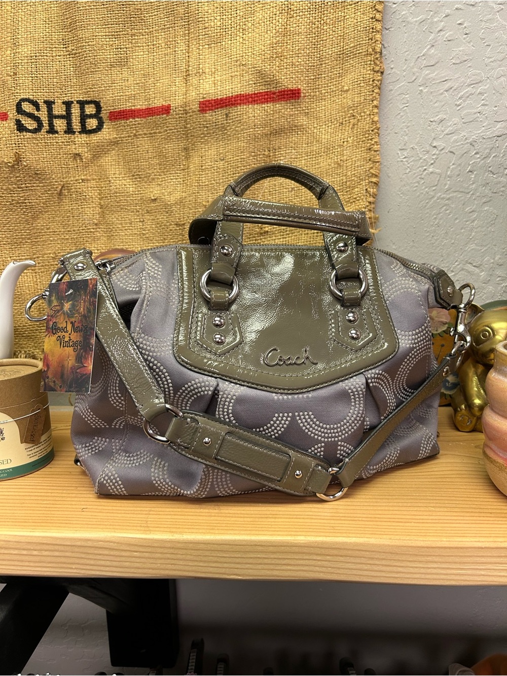 Coach Gray Satchel with Olive Patent Trim and Signature Pattern